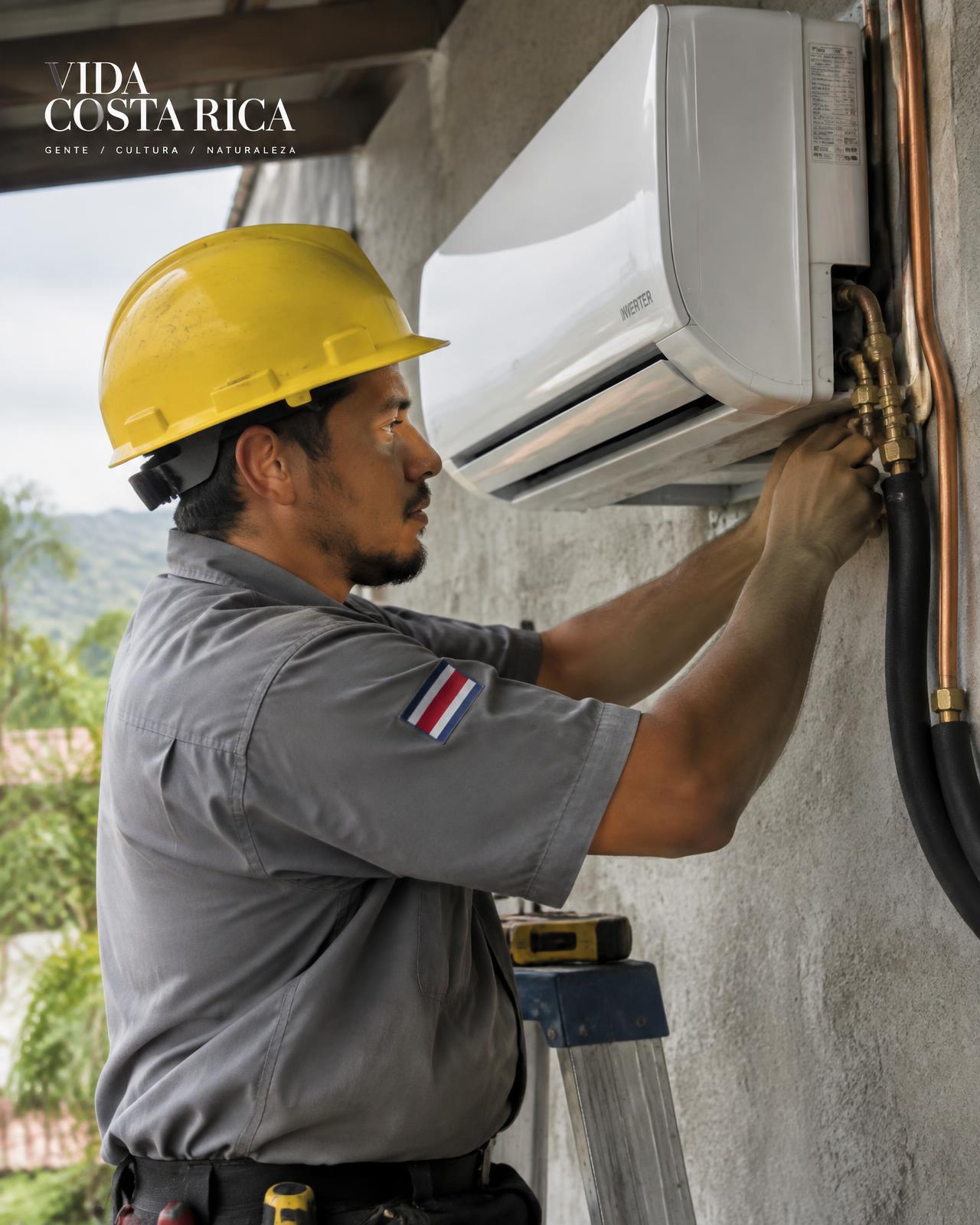 Técnico instalando un minisplit en una pared de concreto